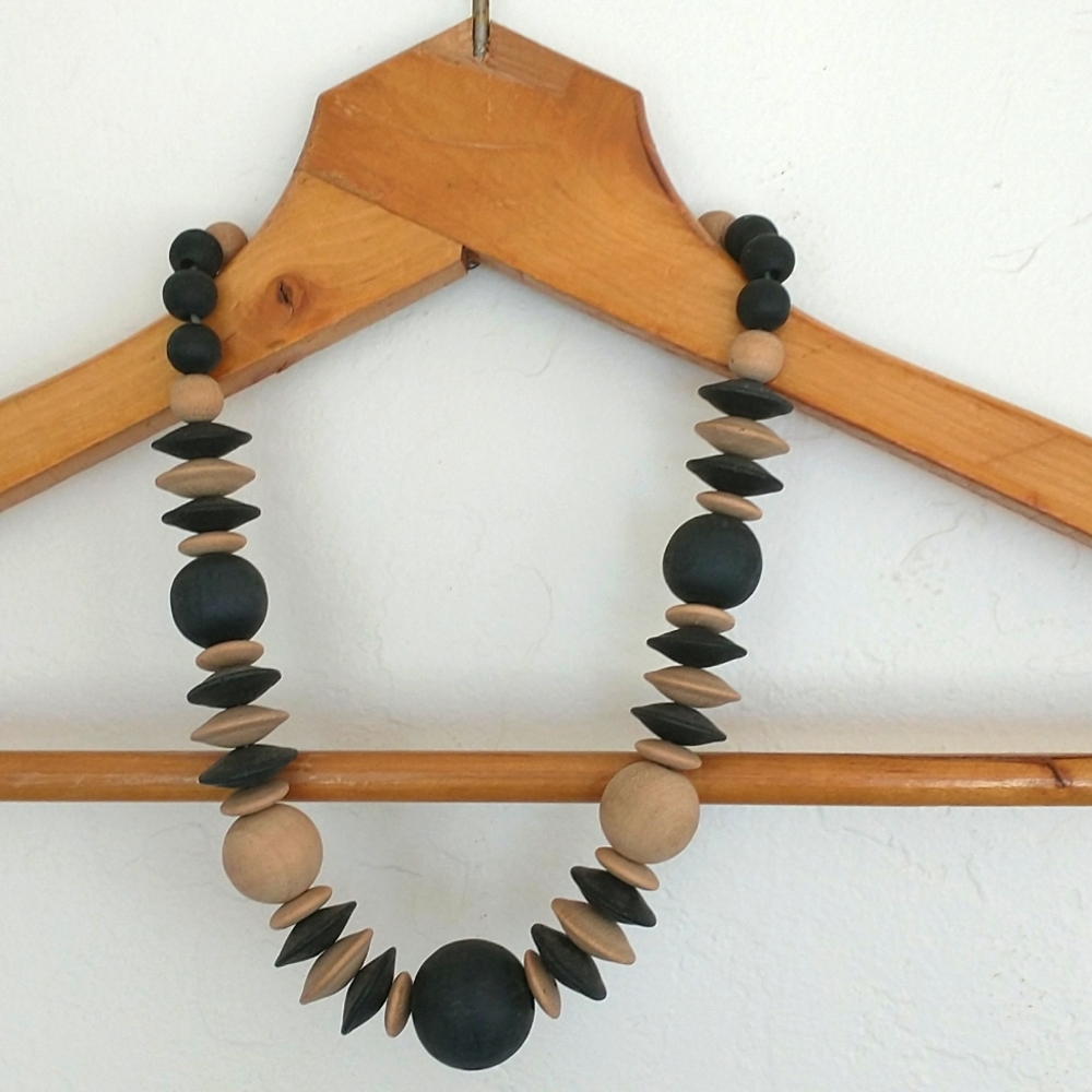 Bohemian wood beaded necklace black and cream